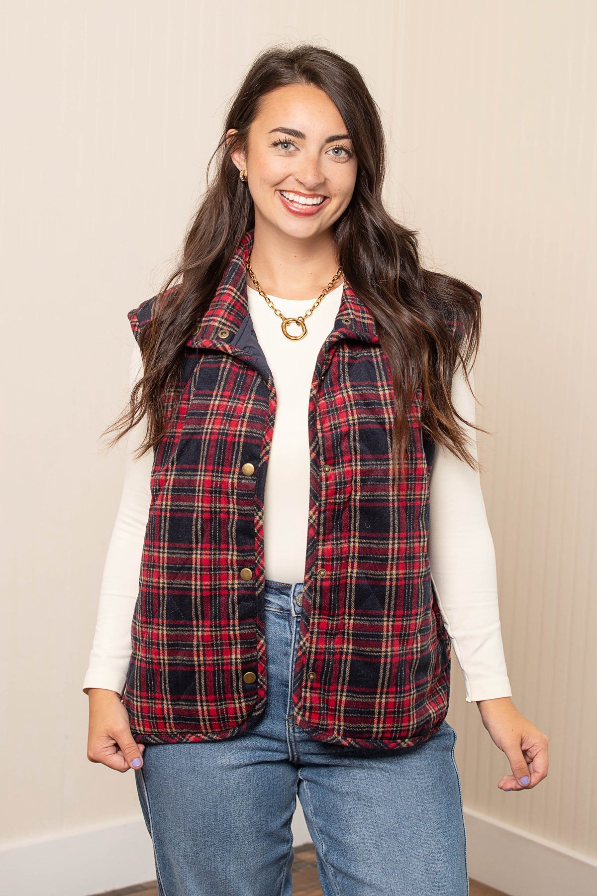 Cozy Up With Me Vest - Navy/Red