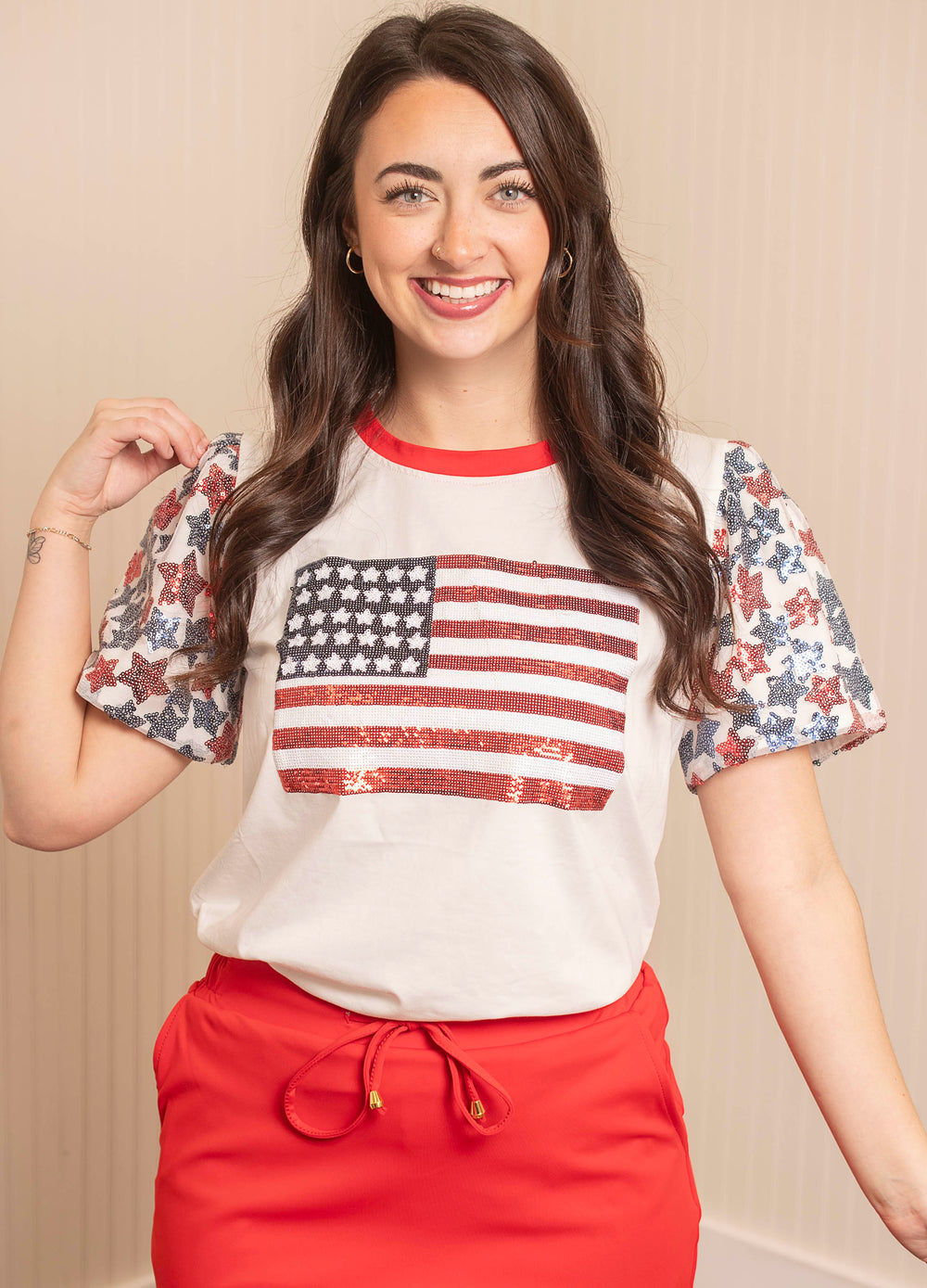 Sequin Flag On Princess Top - White
