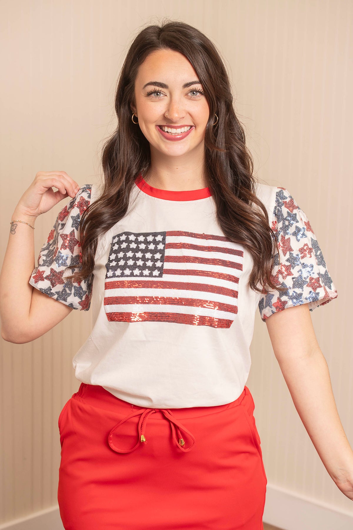 Sequin Flag On Princess Top - White