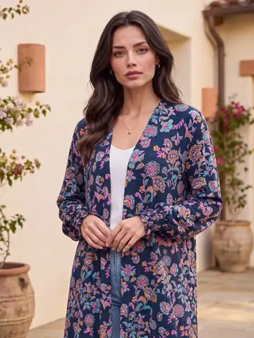Floral Open Front Smocked Sleeve Flowy Cardigan - Navy