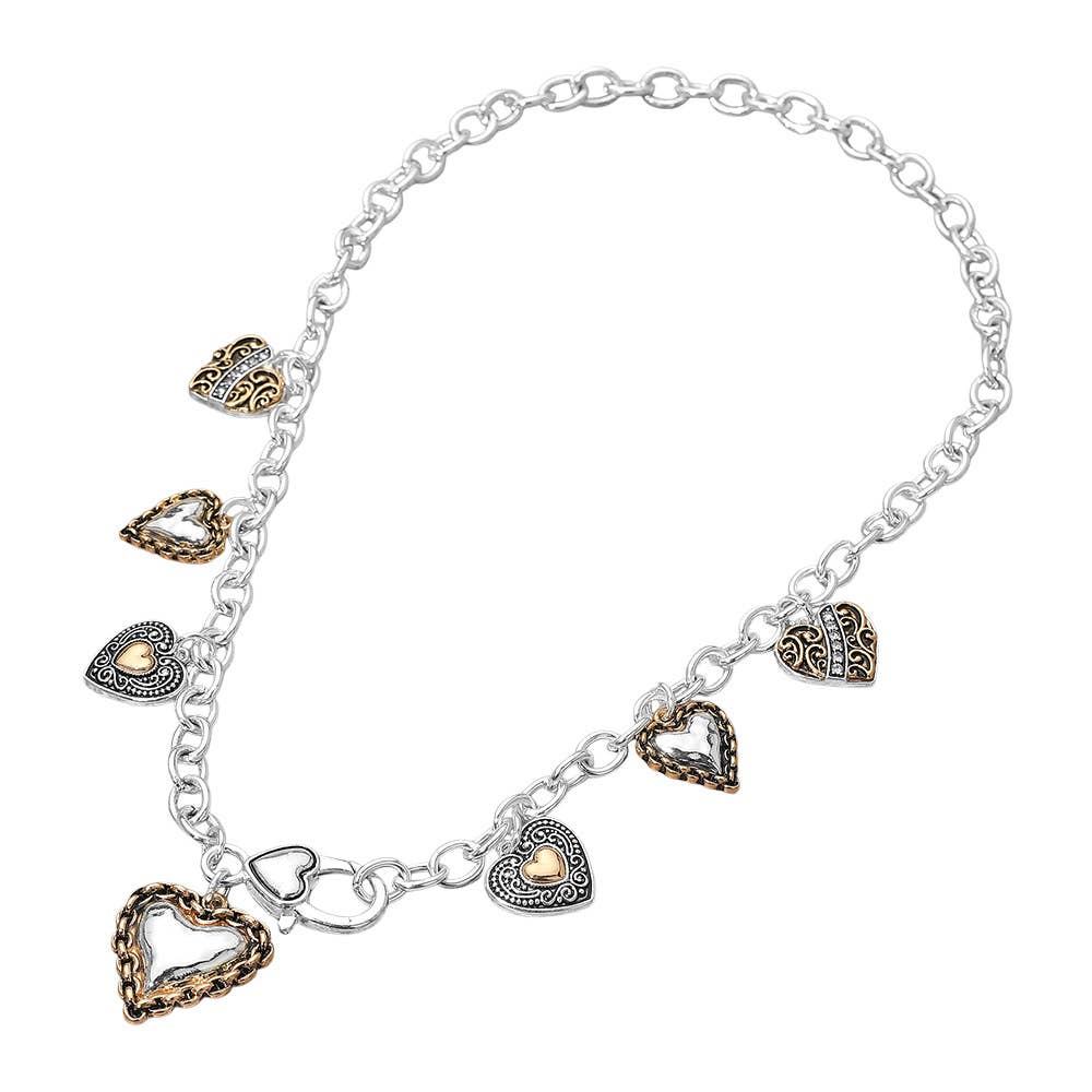 Antique Metal Heart Charm Station Necklace