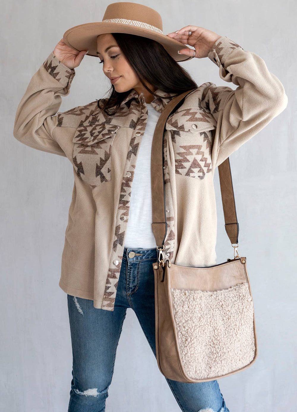 Chloe Teddy Trim Crossbody with Guitar Strap Jen & Co