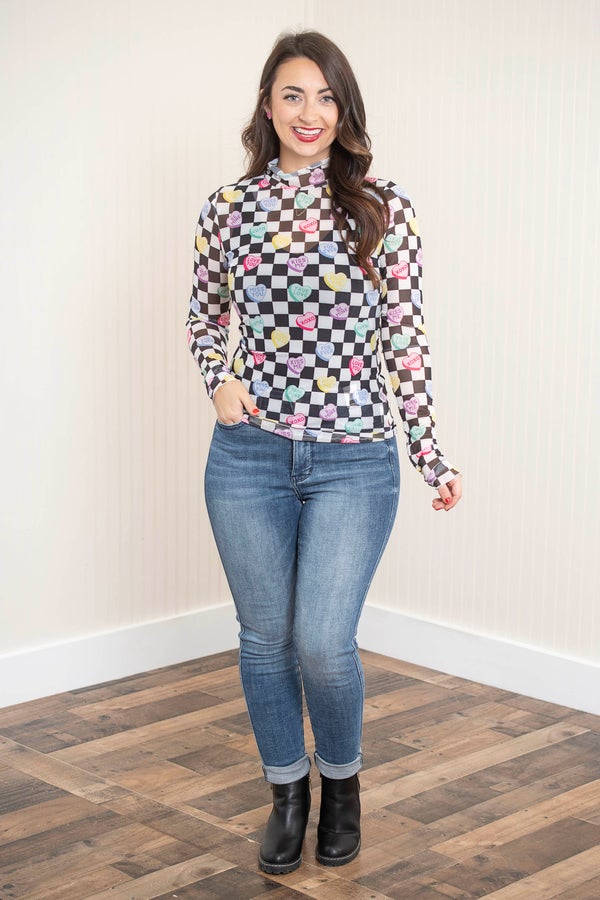 Keigan Mesh Top Checkered Conversation Hearts - Multi