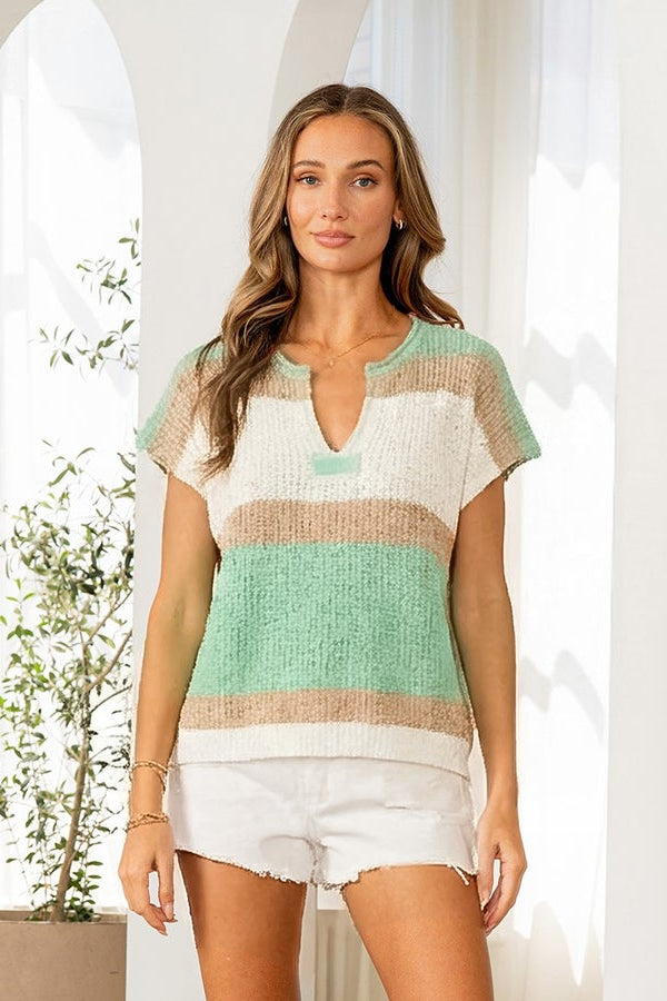 Short Sleeve Color Block Stripe Top - Mint