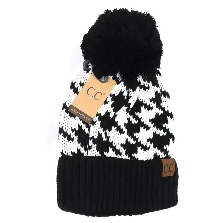 C.C Houndstooth Pom Beanie - Multiple Colors