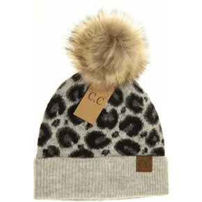 C.C Leopard Pattern Faux Fur Pom Beanie - Multiple Colors