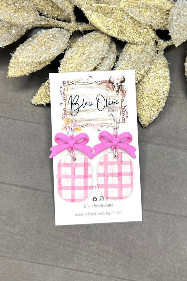 Pink Plaid Bow Earrings