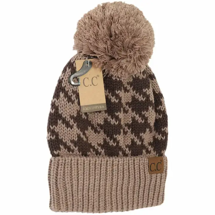 C.C Houndstooth Pom Beanie - Multiple Colors