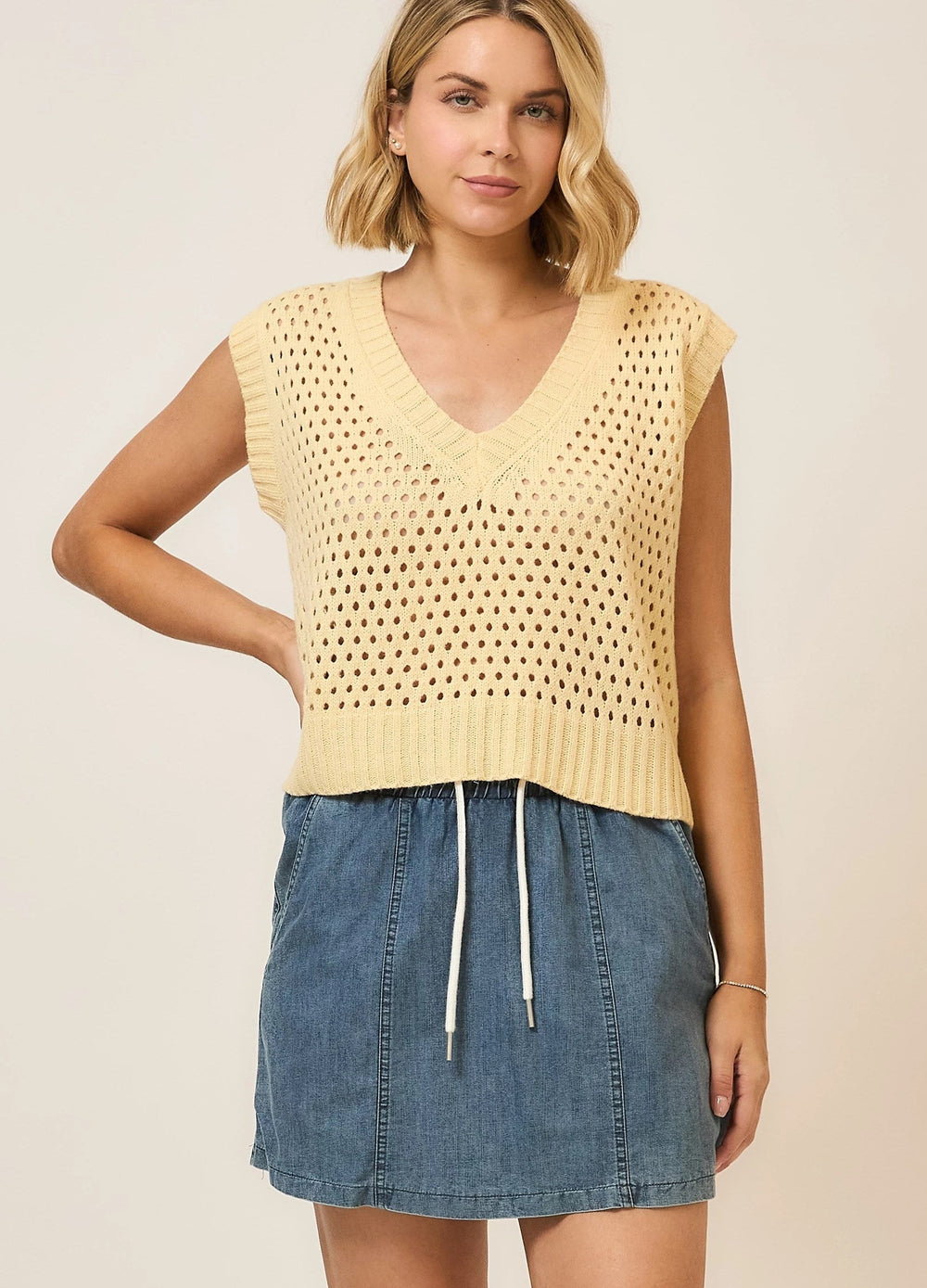 Open Knit V-Neck Sweater Vest - Butter