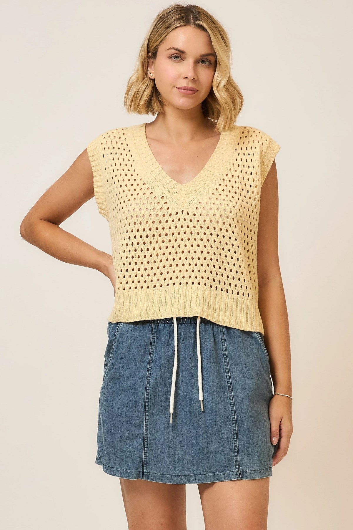 Open Knit V-Neck Sweater Vest - Butter