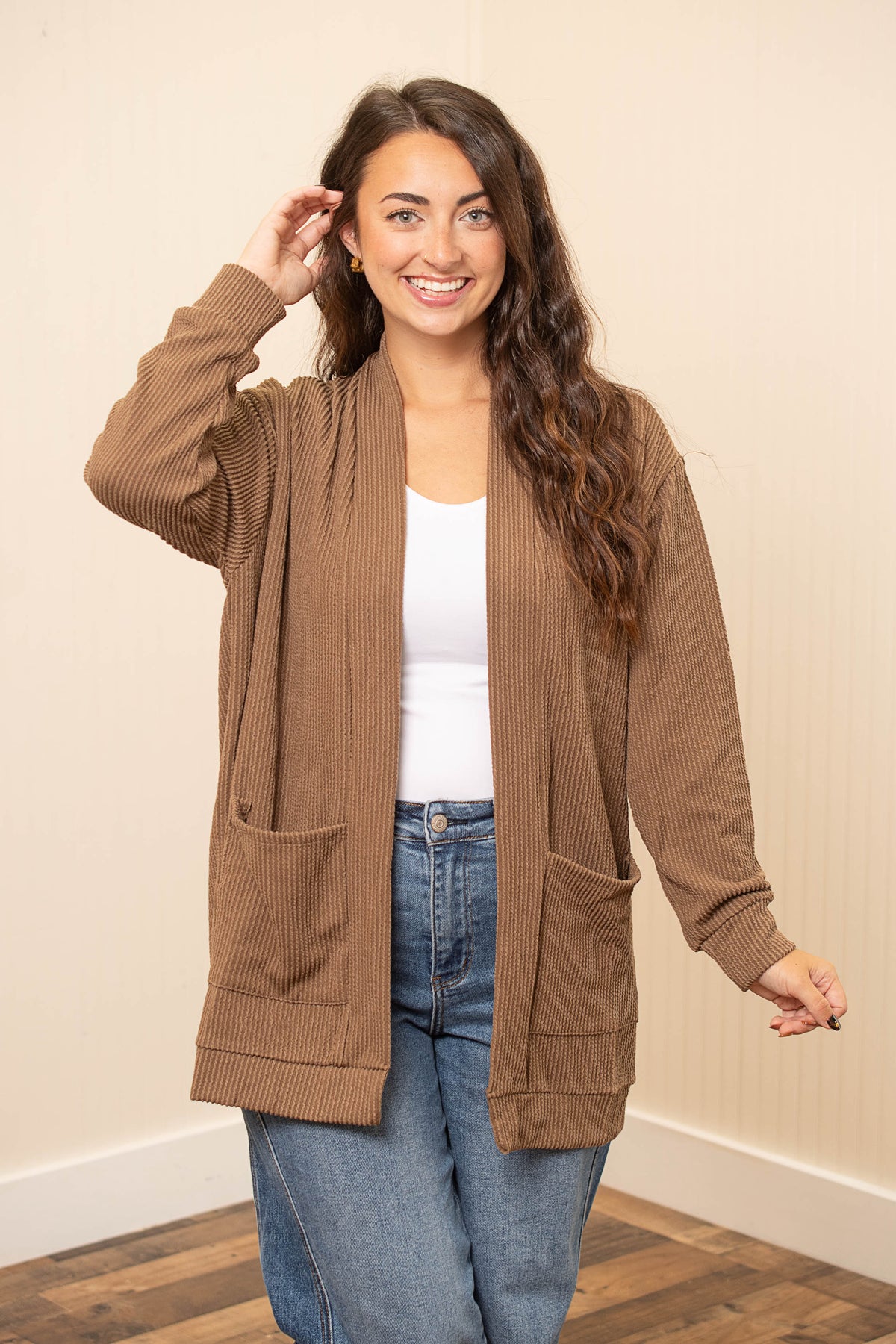 Mocha Easygoing pocket cardigan front view