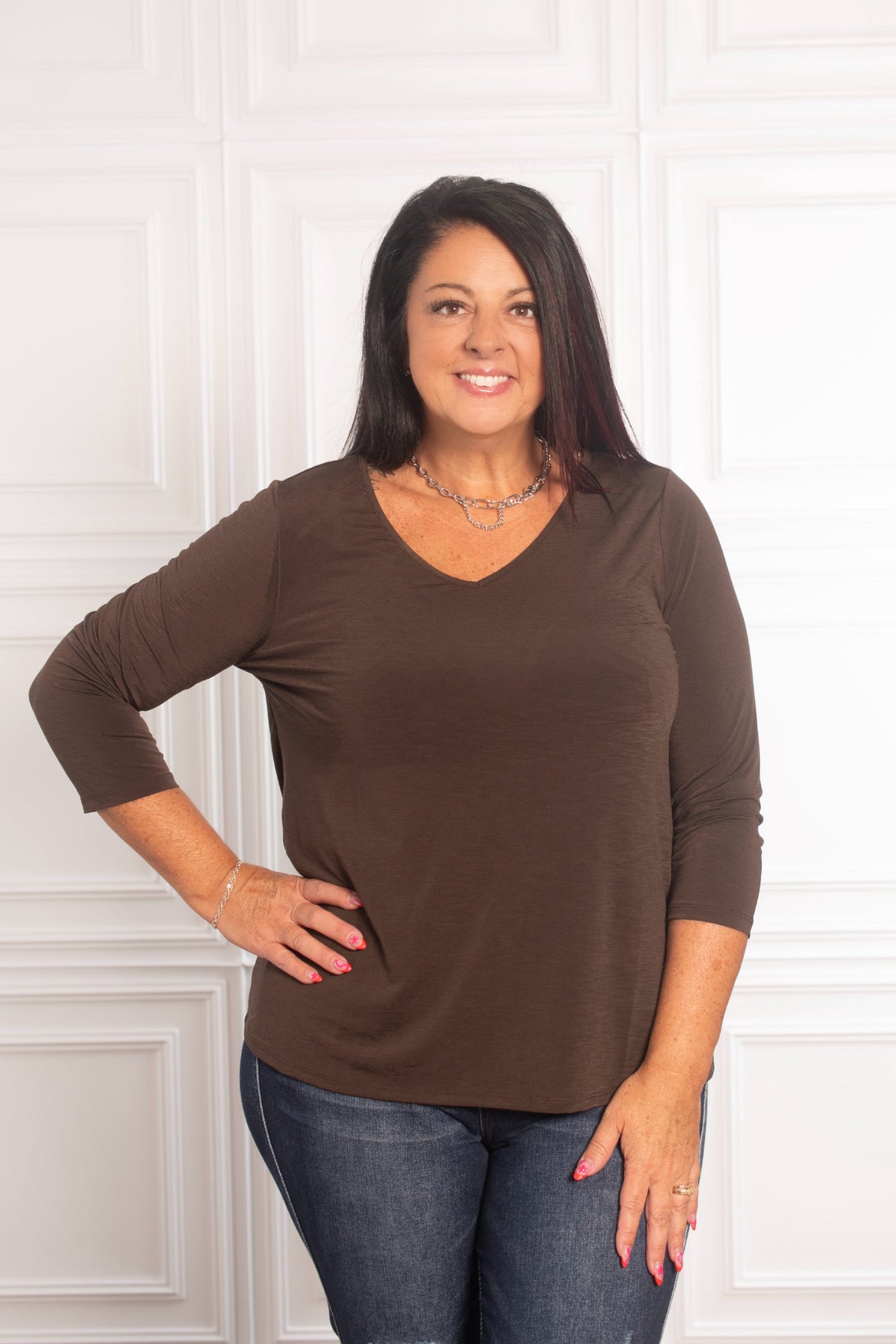 Dear Scarlett Classic Solid V-Neck in Chocolate