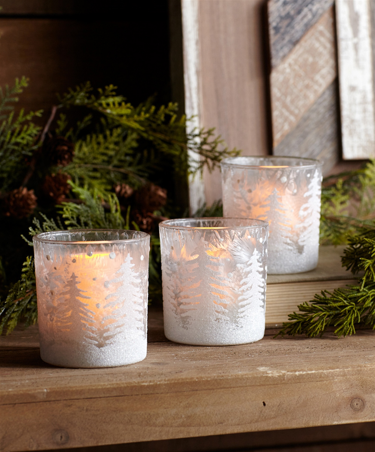 3"H Glass Set Of 3 Tree Votive Holders