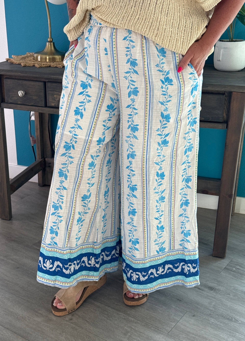 Border Printed Cotton Stripe Pants - Blue
