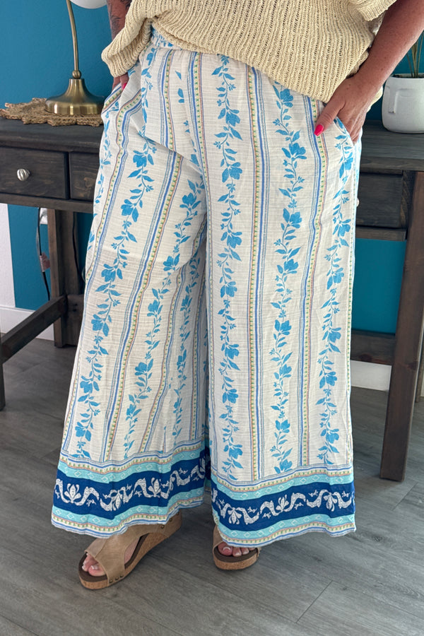 Border Printed Cotton Stripe Pants - Blue