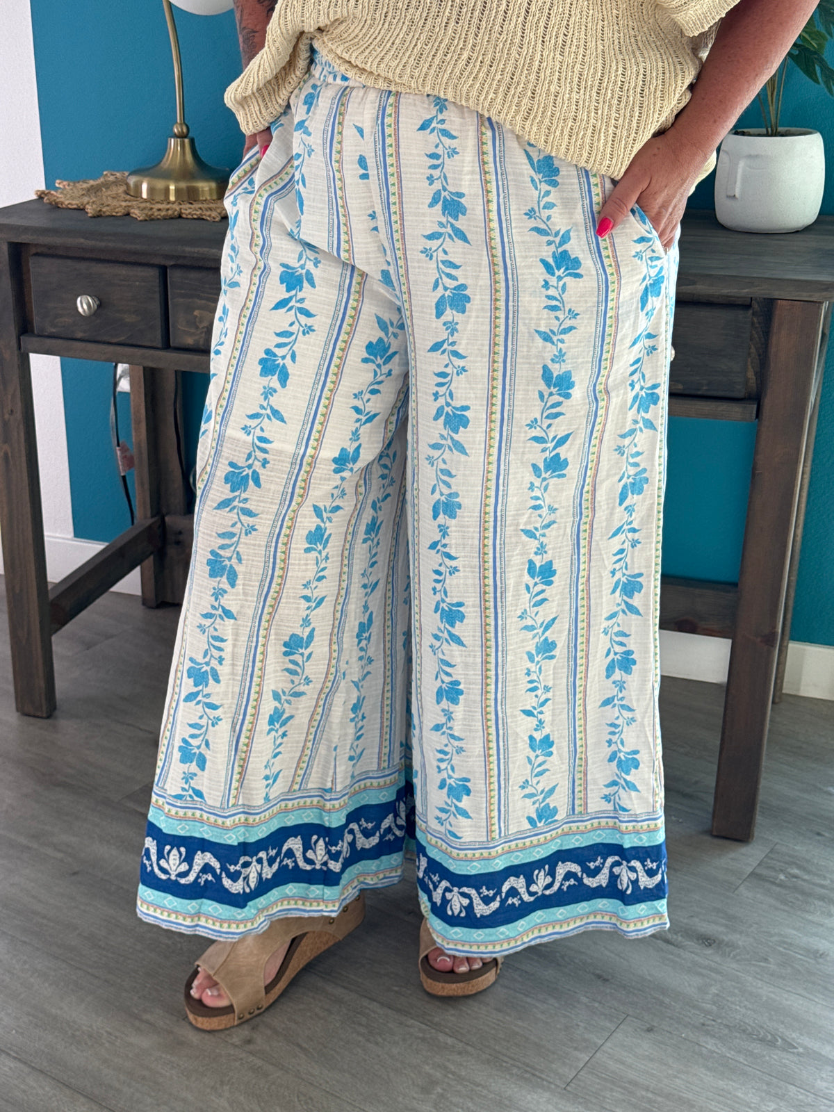 Border Printed Cotton Stripe Pants - Blue