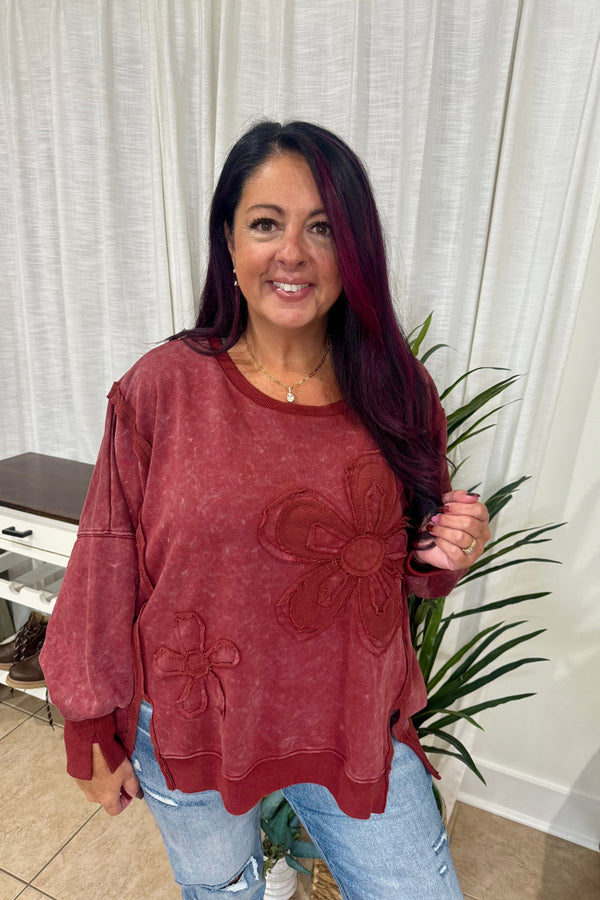Stitched Floral Detail Long Sleeve Pullover