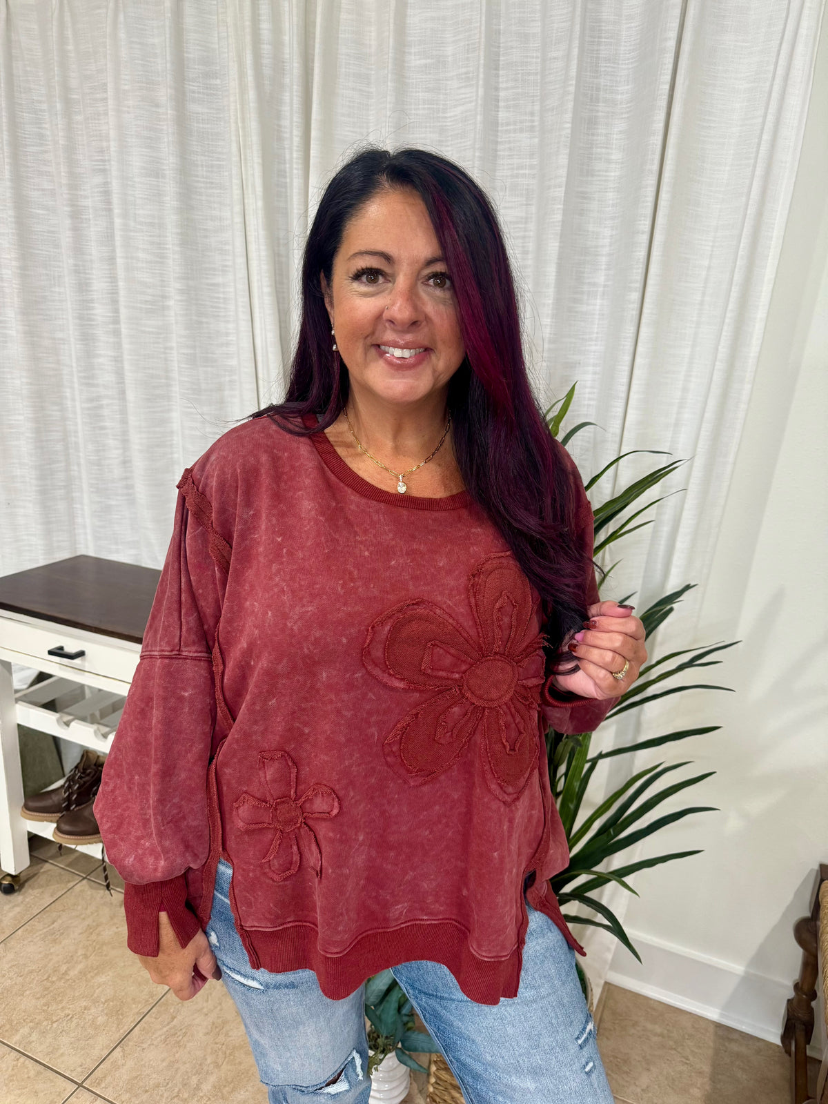 Stitched Floral Detail Long Sleeve Pullover