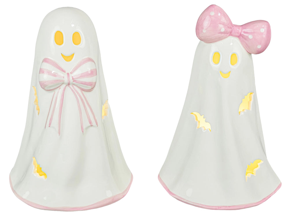 Pink Bow Halloween Ghost Figurine With Lights - Multiple Designs