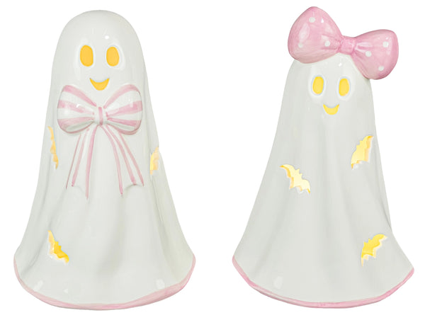 Pink Bow Halloween Ghost Figurine With Lights - Multiple Designs