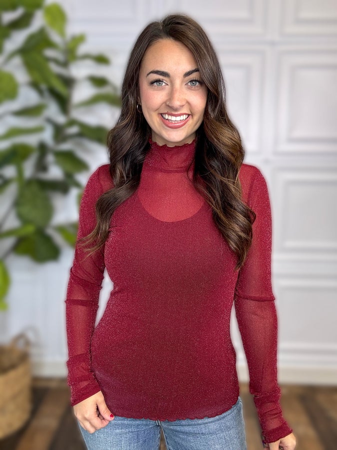 Keigan Glitter Mesh Top - Maroon