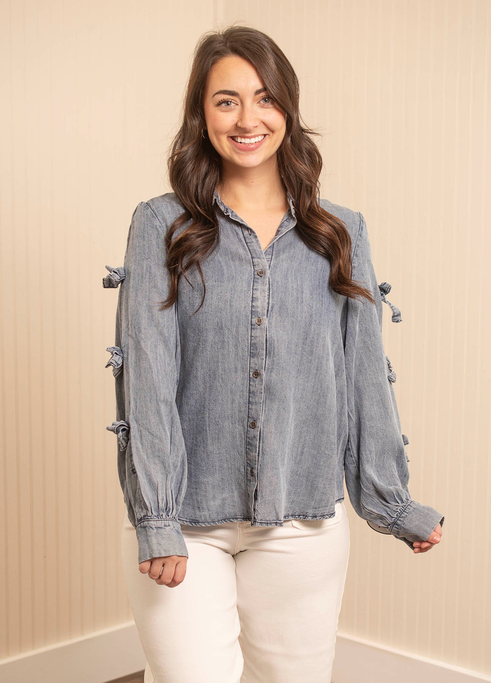 Bow-Sleeve Denim Shirt