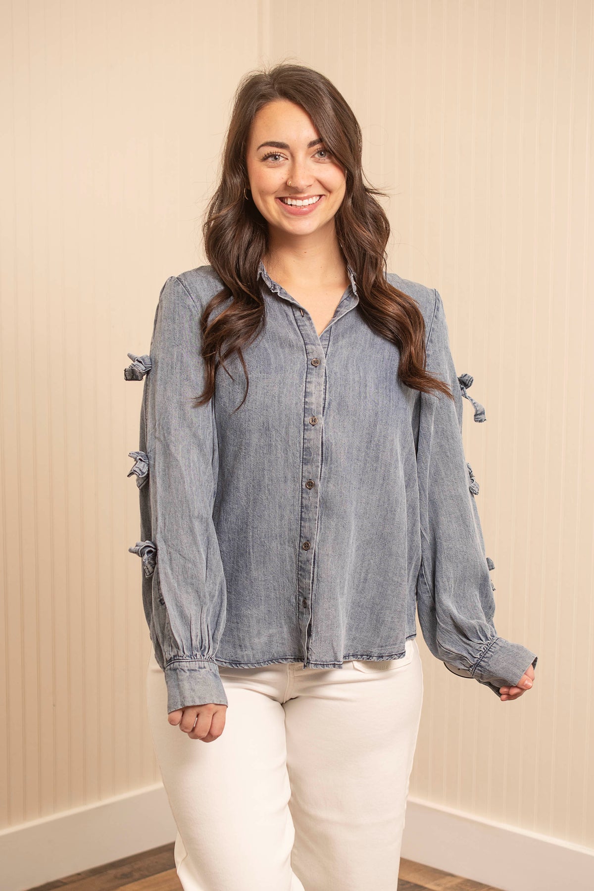 Bow-Sleeve Denim Shirt