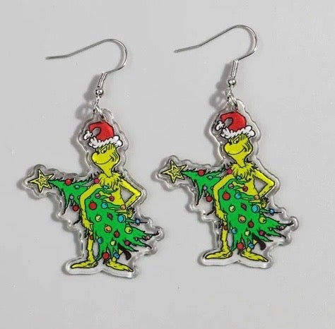 Grinch with Tree Dangle Earrings