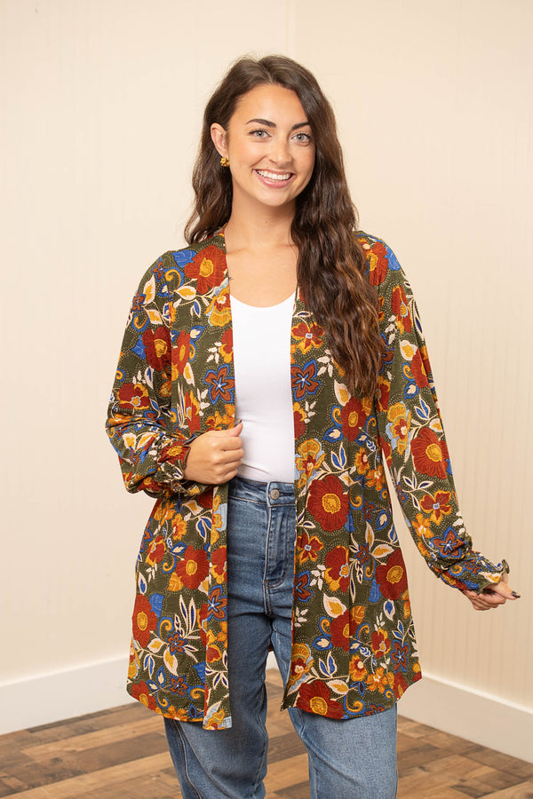 Floral Open Front Smocked Sleeve Flowy Cardigan - Olive