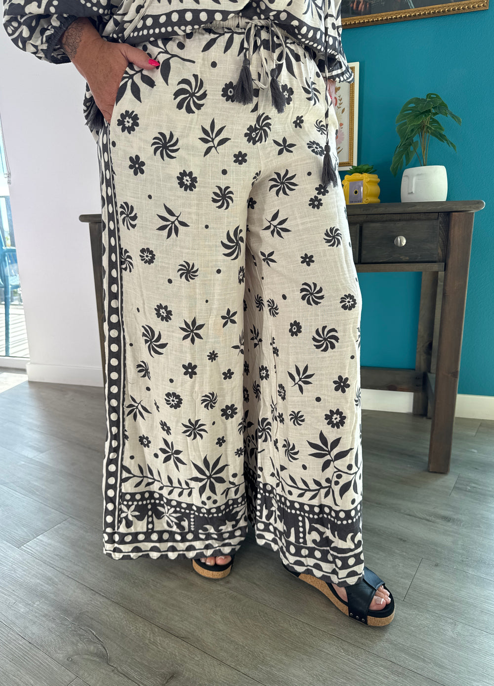 Border Printed Rayon Linen Pants - Ash Mocha