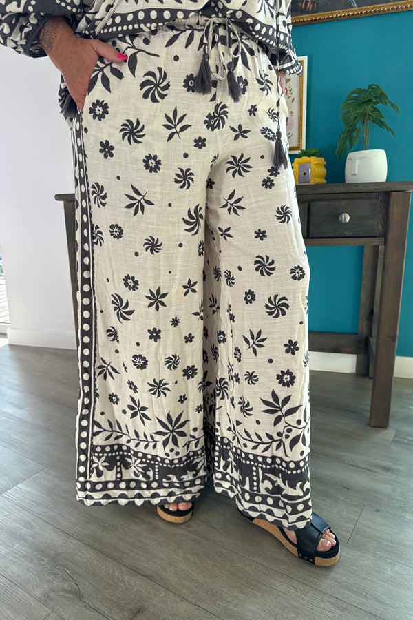 Border Printed Rayon Linen Pants - Ash Mocha