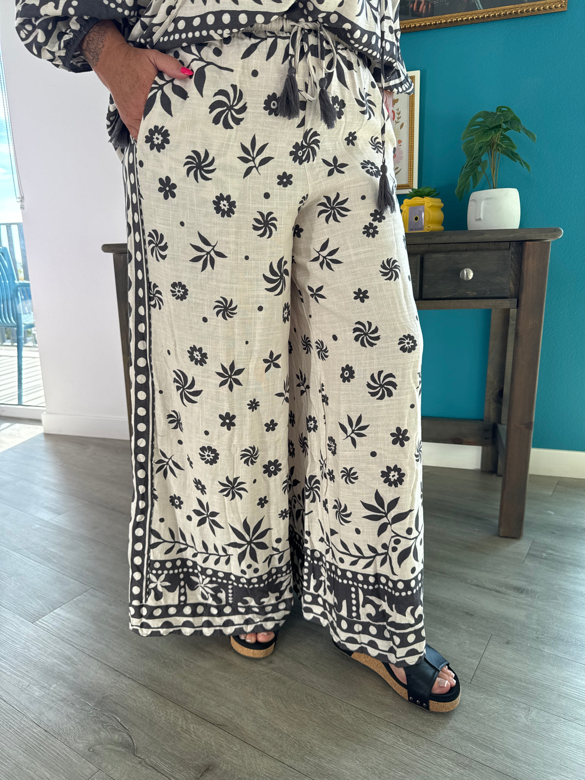 Border Printed Rayon Linen Pants - Ash Mocha