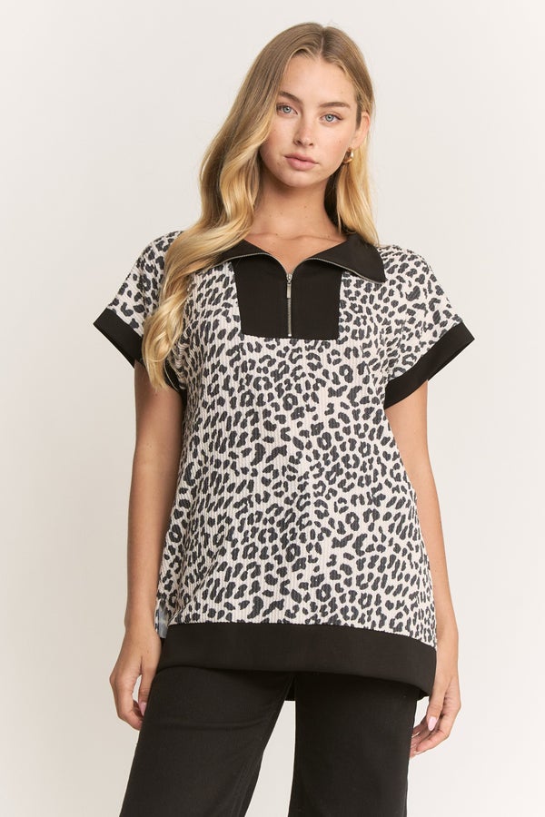 Animal Half Zip Collar Contrast Trim Top - Beige