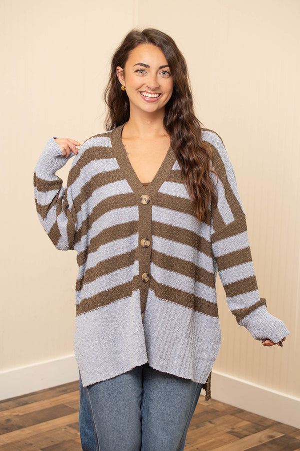 Pop Into Cozy Cardigan - Brown/Slate Blue