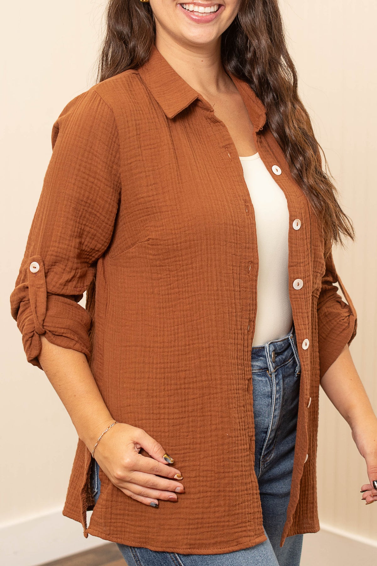 Caramel Easy Living gauze button-up worn open over a white tank