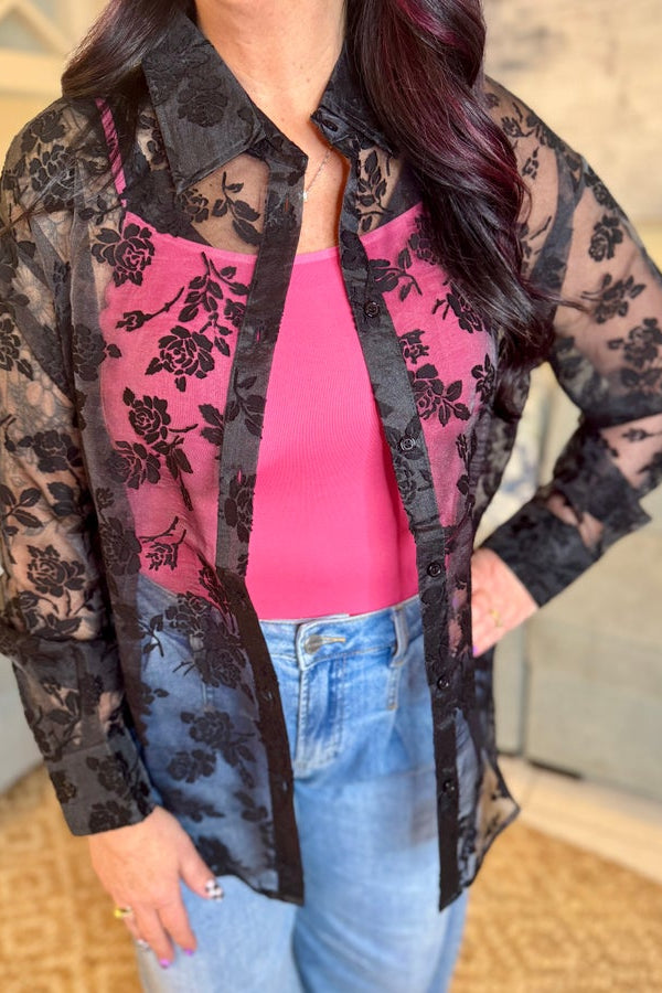Long Sleeve Floral Top - Black