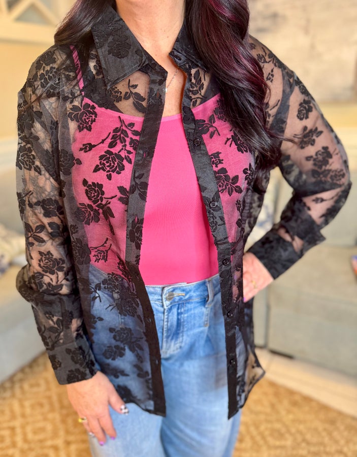 Long Sleeve Floral Top - Black