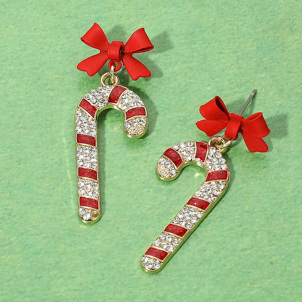 Rhinestone Pave Christmas Candy Cane Bow Drop Dangle Earrings