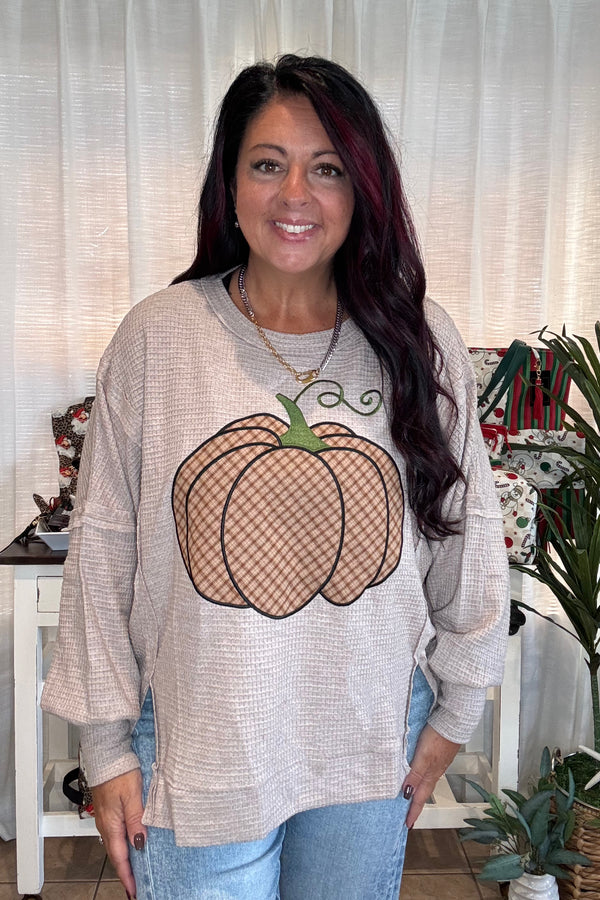 Plaid Pumpkin Embroidered Waffle Sweatshirt