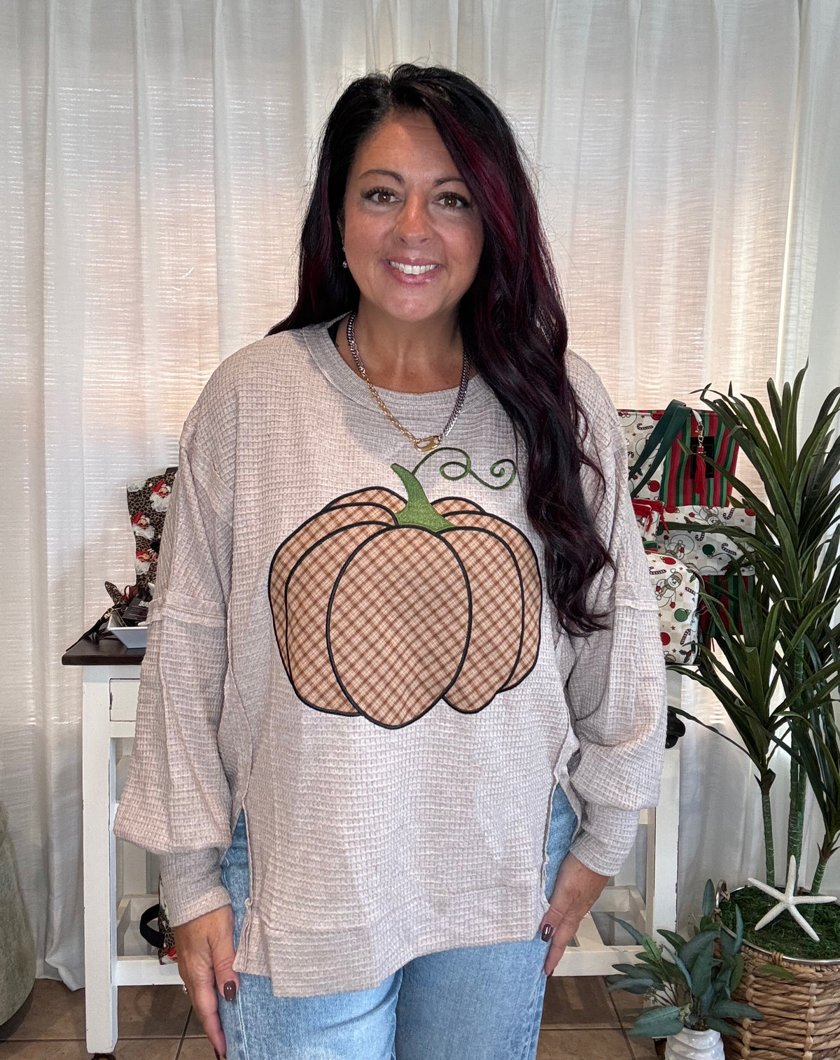 Plaid Pumpkin Embroidered Waffle Sweatshirt