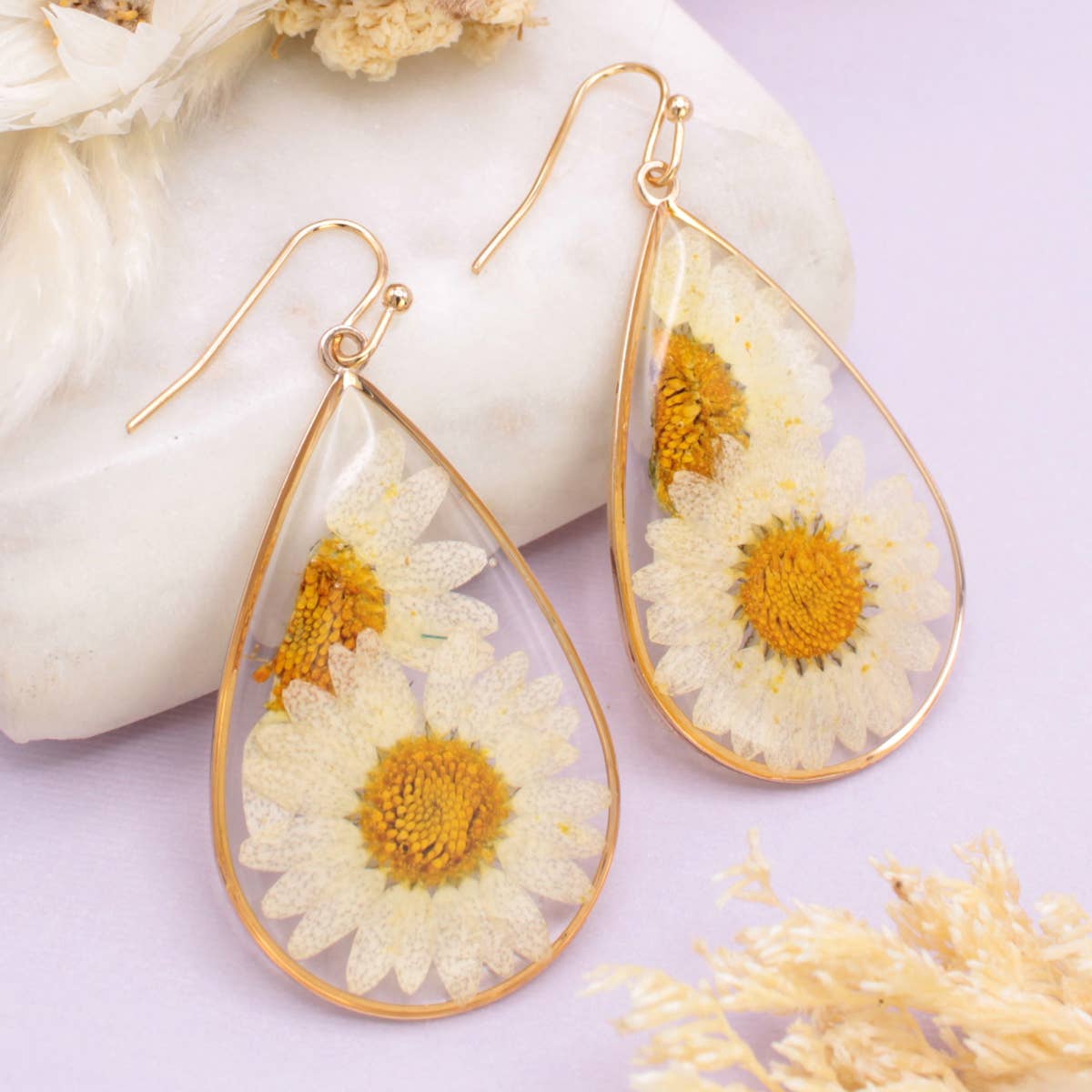 Daisy Duo Gold Teardrop Dried Flower Earrings
