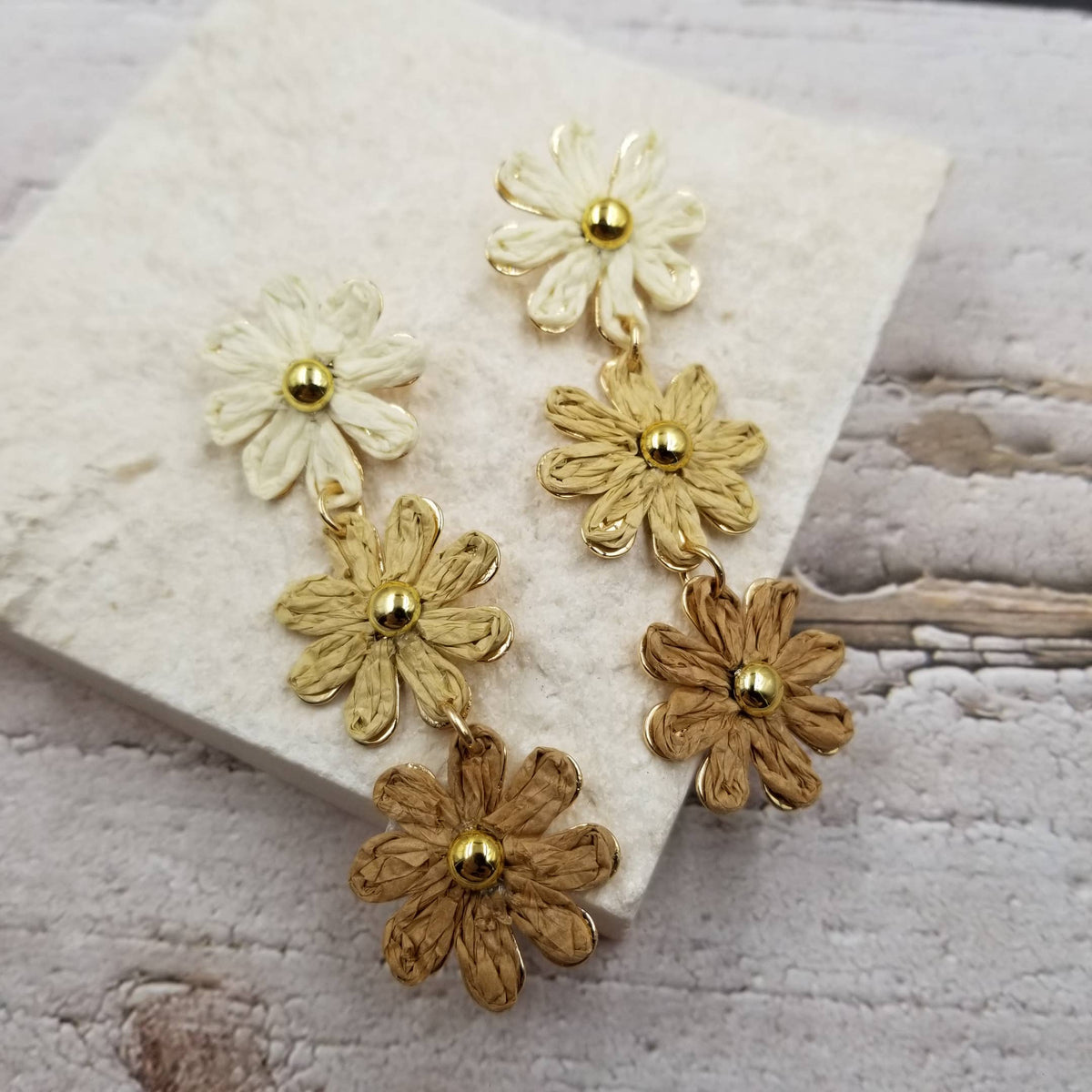 Handmade Flower Rattan Pom Poms Earrings