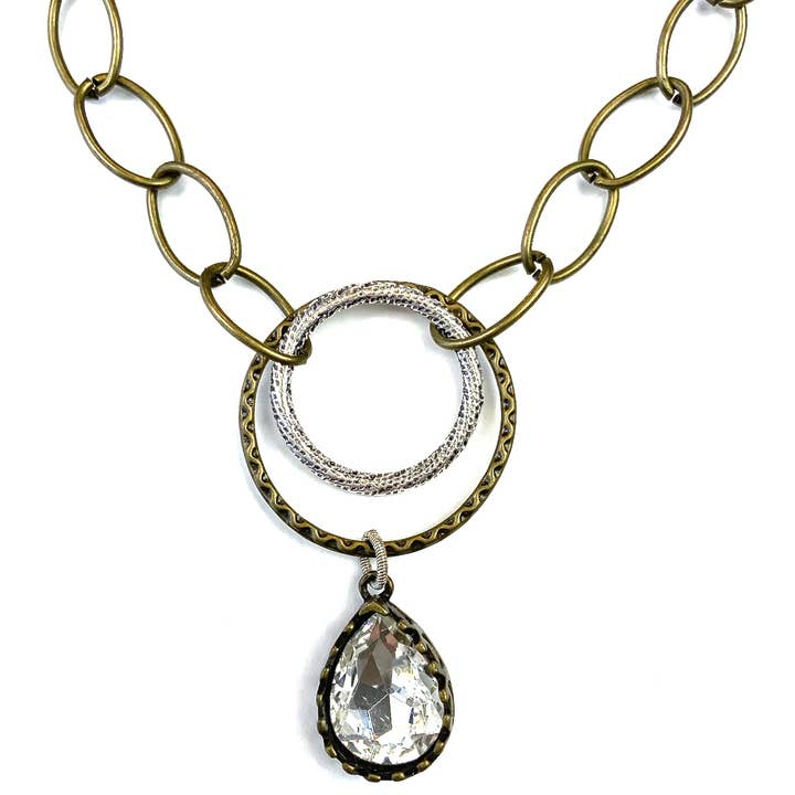 Lost & Found Short Thick Chain With Rings & Bling Tear Drop Necklace