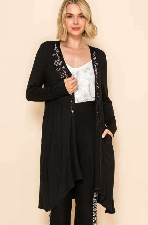 Long Sleeve Rhinestone Detail Cardigan - Black