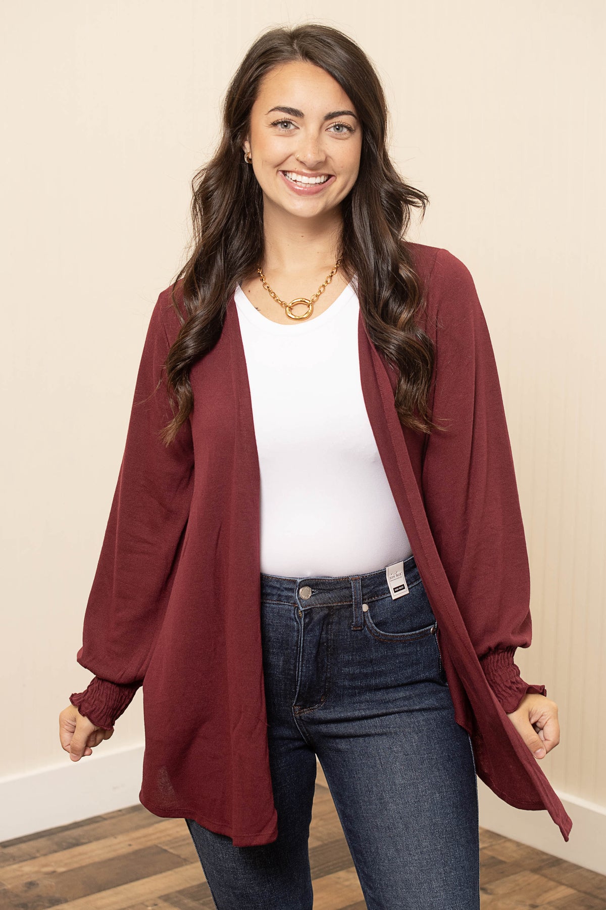 Soft Hacci Smocked Sleeve Open Front Cardigan - Multiple Colors