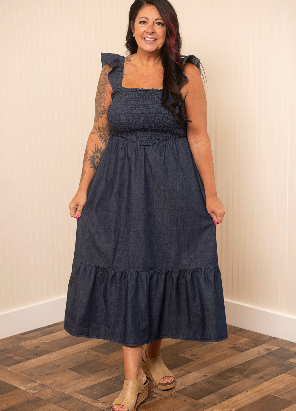 Denim Daydream Ruffle Strap Midi Dress