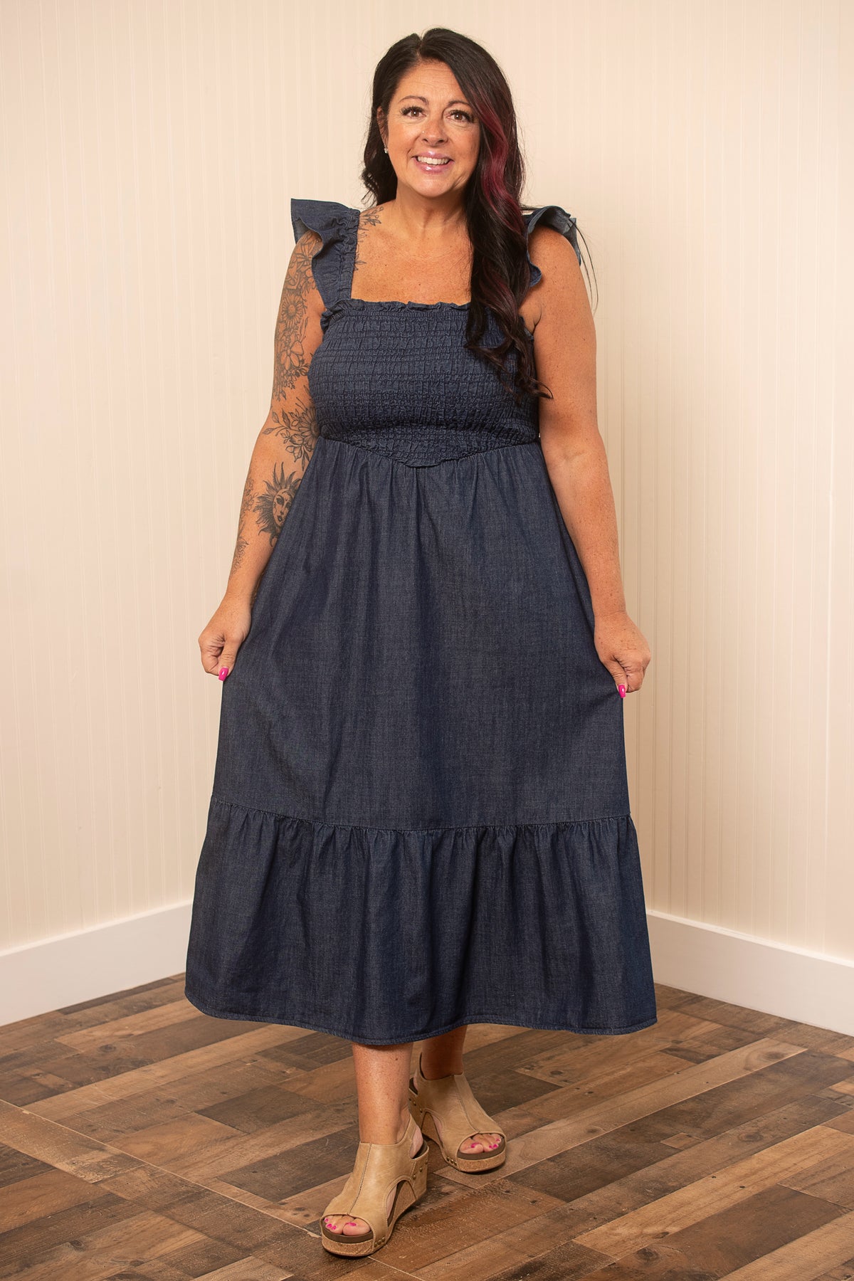 Denim Daydream Ruffle Strap Midi Dress
