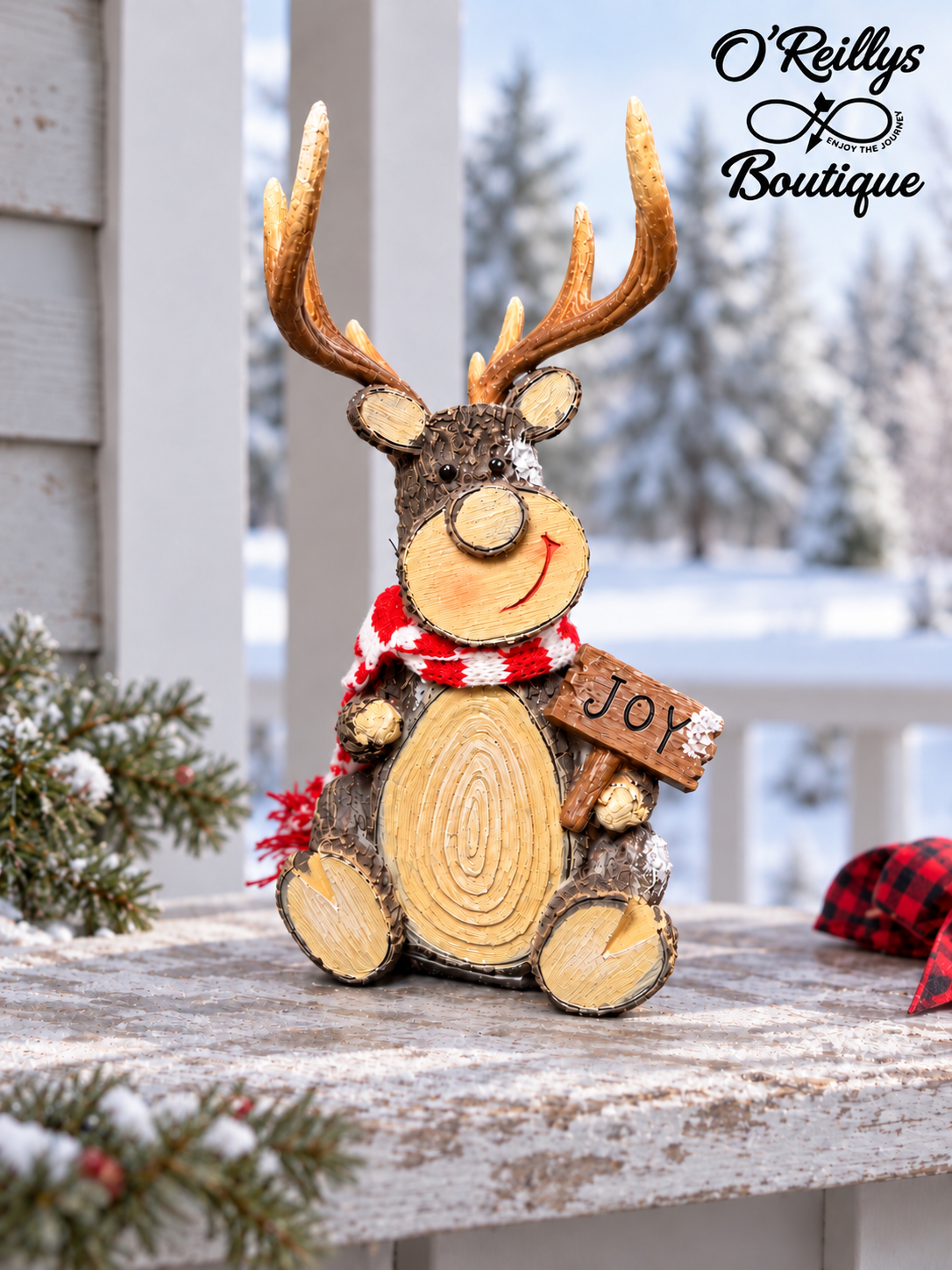 6"L Resin Holiday Sitting Deer W/ Fabric Scarf in Joy