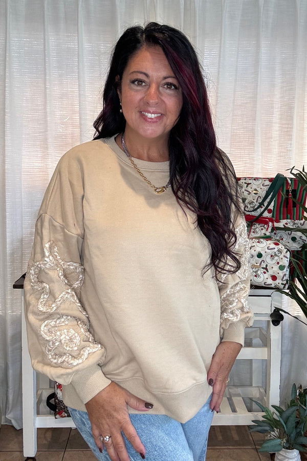 Cord Flower Detail Balloon Sleeve Sweatshirt