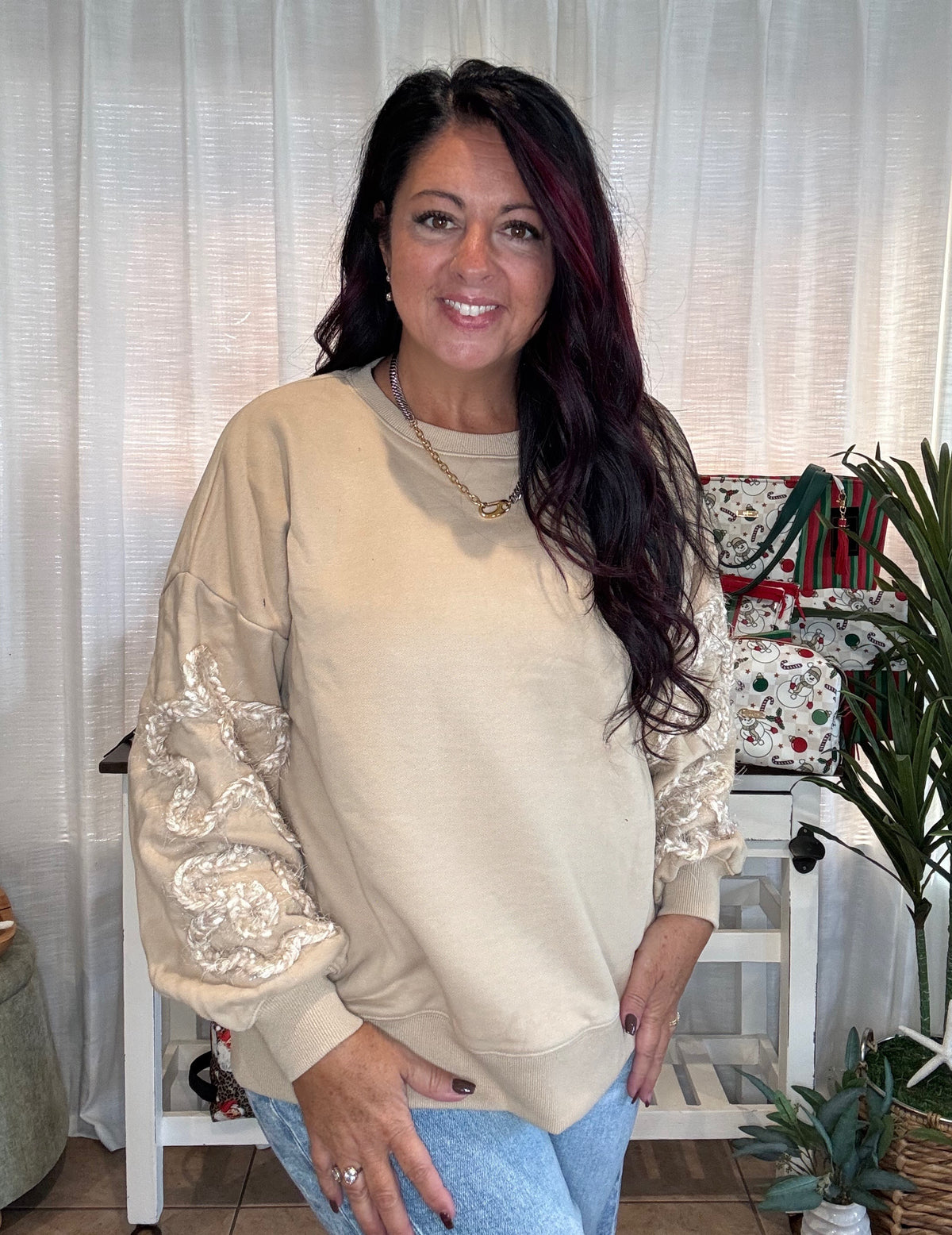 Cord Flower Detail Balloon Sleeve Sweatshirt